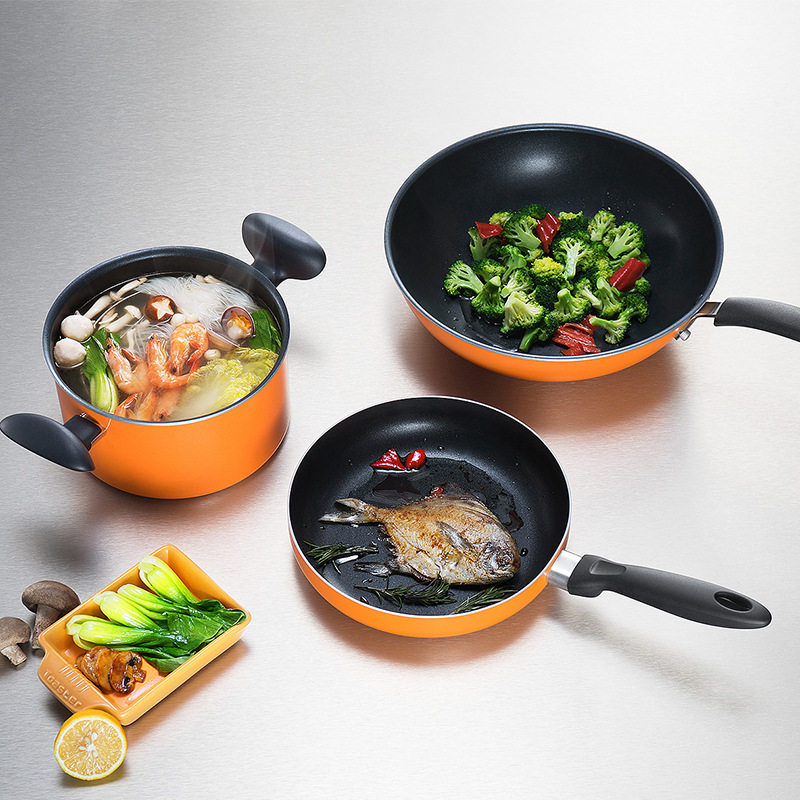 苏泊尔炒锅 三件套炒锅奶锅平底锅煎锅明火不粘锅橙色tp1612e