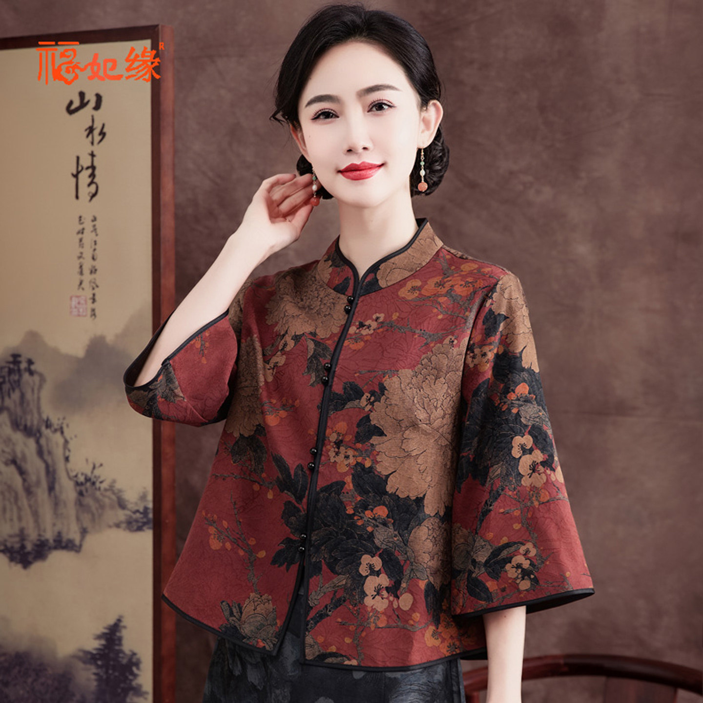 高端香云纱真丝上衣2025春夏季新品桑蚕丝小开衫双排扣印花妈妈装