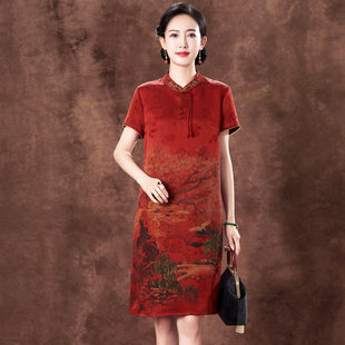 喜婆婆品牌香云纱桑蚕丝连衣裙中长款女短袖新款气质优雅显瘦