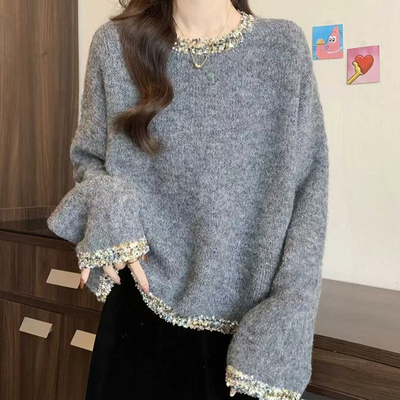 纯羊毛衫大码法式小香风灰色钉珠女士圆领毛衣女秋冬针织毛衣上衣