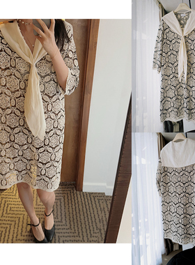 NW80EN 系带领镂空钩花刺绣连衣裙优雅气质高级感挂脖式中裙子女