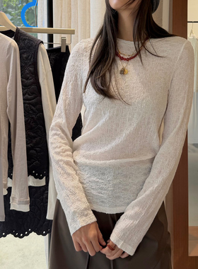 NW80EN 特供进口薄肌理感热卖褶皱长袖T恤圆领显瘦长袖设计感上衣