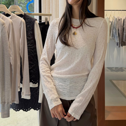 设计师原创薄肌理感褶皱长袖T恤