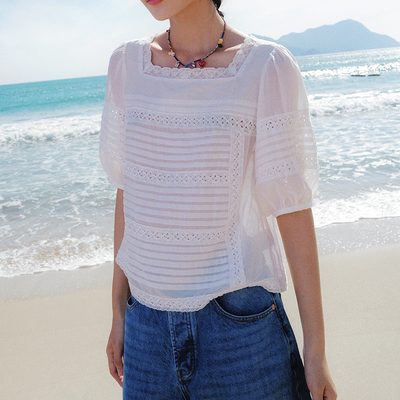 设计师原创方领花边打条小衫