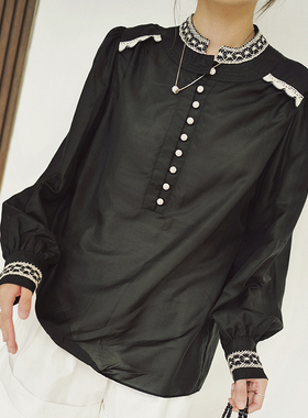 NW8 0EN 《MOMENT》撞色花边小衫 立领高级感通勤百搭长袖上衣女