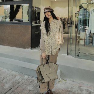 大地色格调  优雅风印花亚麻拼接衬衫外套女装款时尚休闲简约百搭