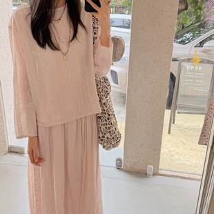 《endless》韩版优雅风休闲宽松桑蚕丝棉绣花蕾丝边长袖套装女装