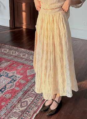 NW80EN 刺绣压皱后松紧腰半裙气质宽松高级感夏季女长裙