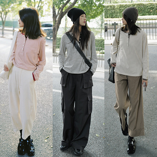 挚爱条纹24新款 宽松型休闲风潮流款条纹撞色长袖宽松短款T恤女装