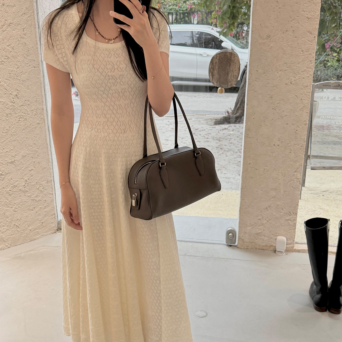 《May》韩系简约高级设计感方领针织通勤风圆领日常短袖连衣裙女