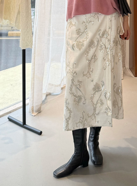 NW8限定系列 设计感宽松型城市通勤休闲亮片绣花围裹式直筒裙半裙