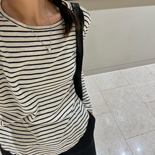 显瘦上衣女 NW80EN 进口竹节棉 条纹t恤经典 通勤圆领长袖