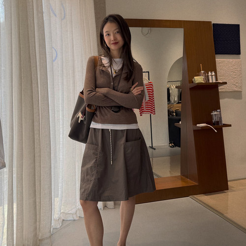 纯色百搭抽绳松紧棉半裙