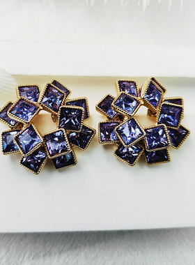 中古风耳饰方形镶钻层叠紫色花朵气质镂空新品几何耳环【B996】