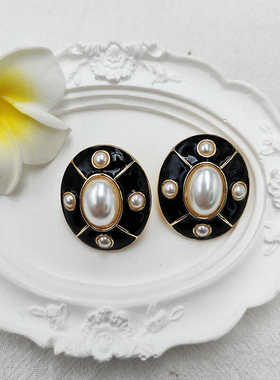 中式复古耳饰古董银针个性时尚椭圆黑色滴釉珐琅釉耳钉【B141】