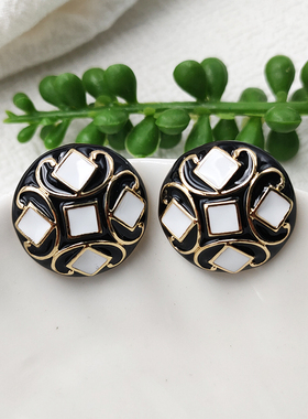 时髦vintage纽扣耳环黑色椭圆气质港风耳钉无耳洞耳夹【B794】