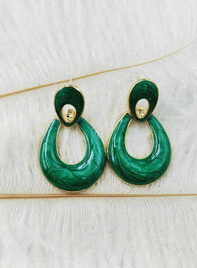 高级感文艺复古耳饰绿色滴油优雅银针耳钉原创耳环耳夹【B925】