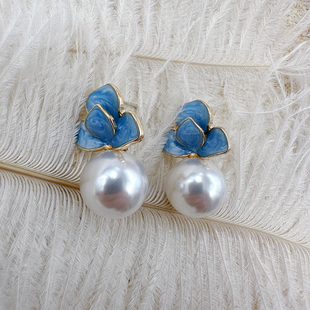 轻奢珐琅滴釉耳环树叶珍珠耳钉女士新中式宫廷风耳饰【C427】