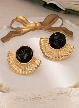 黑色宝石耳环欧美复古轻奢耳钉扇形时尚气质耳饰耳夹【B592】