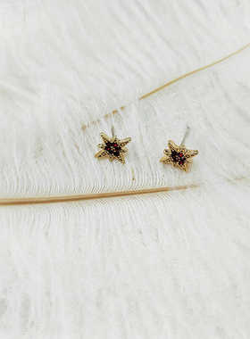 精致小款耳饰中式复古红色八芒星耳环耳钉睡觉不用摘银针【B833】