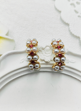 韩国东大门新款银针珍珠半圆耳环气质小巧耳钉粉色水钻女【B818】