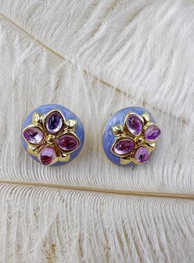 紫色圆形滴油耳钉欧美风年代感耳饰无耳洞气质百搭耳夹【C180】
