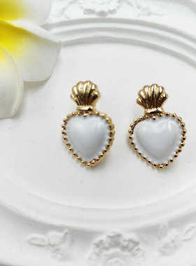 鎏金皇冠爱心耳钉白色滴油珐琅桃心轻奢复古耳饰【B239】