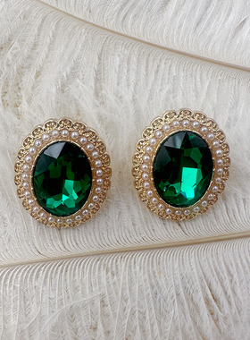 时尚简约珍珠耳钉几何圆形绿色宝石耳环个性百搭耳饰品【C316】