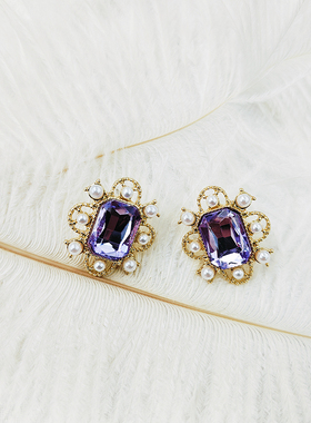 紫色方形宝石耳环法式复古小众设计气质百搭耳夹耳饰【B812】