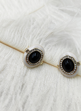 中式复古耳饰小众设计高级感黑色宝石耳钉椭圆白色滴油【B266】