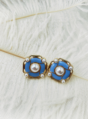 法式复古滴釉耳饰质感蓝色珐琅耳环女银针滴油撞色耳饰【B562】