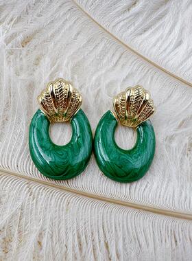 椭圆绿色滴油耳饰中古港风时尚日常款耳坠小众设计感耳环【C177】