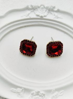 中式复古红色玻璃耳饰轻奢小众高级感正方形银针耳钉耳夹【B894】