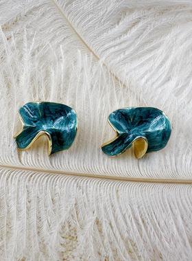 个性几何褶皱耳钉绿色滴釉珐琅耳环百搭无耳洞气质耳夹【C155】