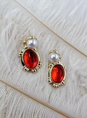 复古法式宫廷耳环红色仿宝石珍珠耳环小众设计显白耳饰【C124】
