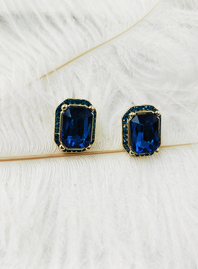 vintage中古蓝色宝石耳环方形几何长方形高级感耳钉耳夹【B854】
