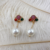 古风vintage宫廷珍珠耳环轻奢复古珍珠耳坠糖果色宝石 C283