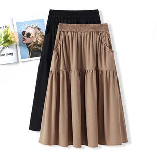卡其色蛋糕裙子女2025年新款夏天中长款半身裙子百搭松紧腰a字裙