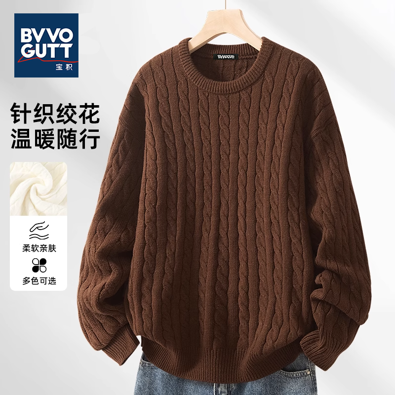 宝积 冬季毛衣针织衫麻花线衣美式复古咖色巴恩风御寒套头衫男款