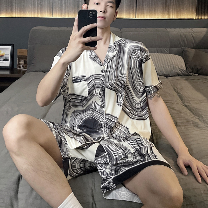 冰丝短袖睡衣男夏季薄款青年特大码300斤胖子宽松开衫家居服套装