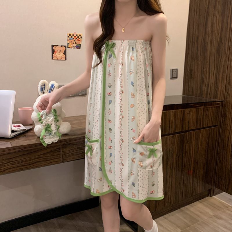 2026新款夏季女士睡袍可爱睡裙棉魔术贴抹胸浴巾带头巾浴袍家居服