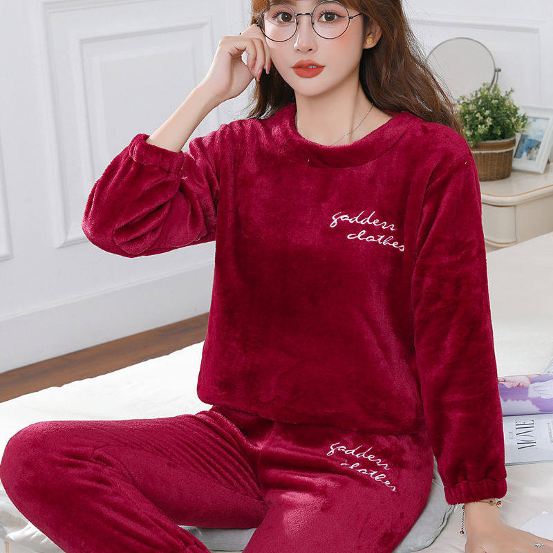 网红珊瑚绒睡衣女秋冬加厚保暖法兰绒甜美加肥加大码居家两件套装