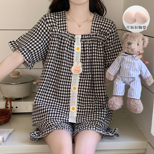 带胸垫夏季 睡衣女格子复古花边小香风甜美短袖 短裤 休闲家居服套装