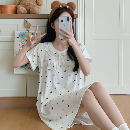 夏季纯欲甜美花边短袖睡裙