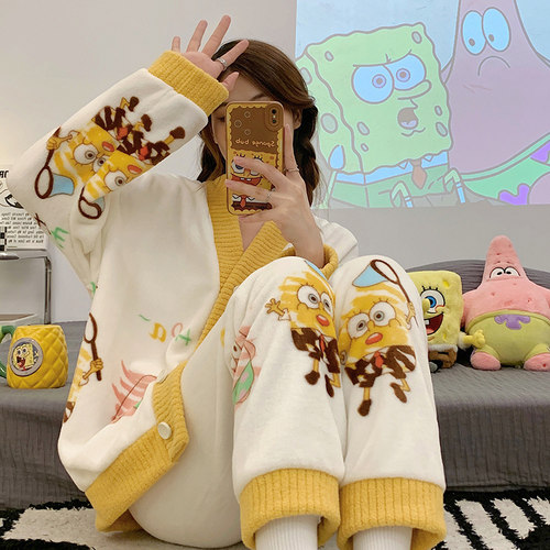 法兰绒卡通可爱开衫女家居服套装
