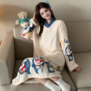 新款加厚大码珊瑚绒睡裙女秋冬季卡通加绒保暖200斤胖m外穿家居服