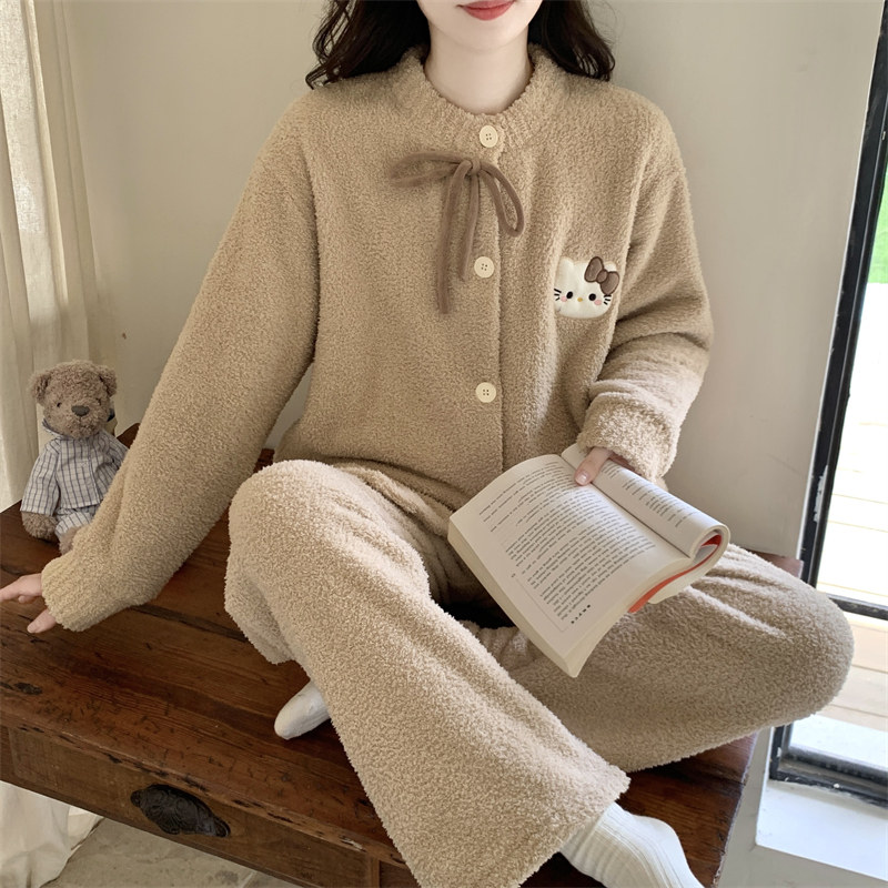 睡衣女秋冬季加厚珊瑚绒开衫纽扣甜美可爱卡通保暖冬天家居服套装