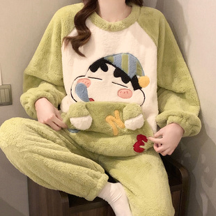加肥大码卡通可爱珊瑚绒睡衣女冬季加绒加厚保暖法兰绒家居服套装