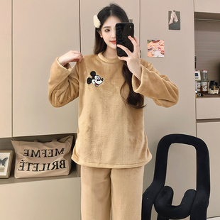 纯色休闲家居服套装 新款 韩版 卡通加绒加厚秋冬款 珊瑚绒睡衣女冬季