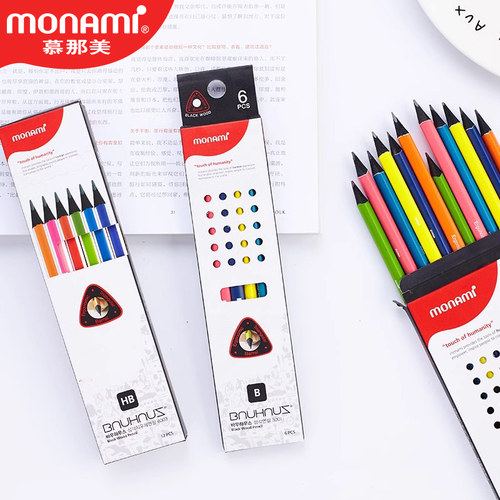 韩国慕娜美monami黑木铅笔套装学生写字笔木杆铅笔B/HB/2B素描绘画考试用6/12支套装 BAUHAUS